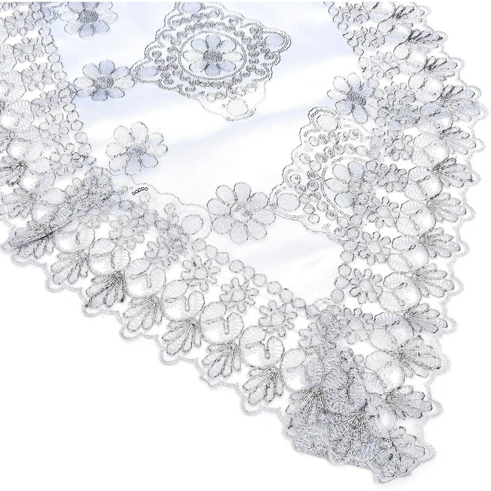 Table Runner 72 Inches Long White Silver Floral Flower Embroidered Pattern
